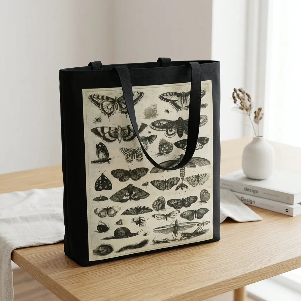 Black Canvas Tote Bag Entomology Illustration