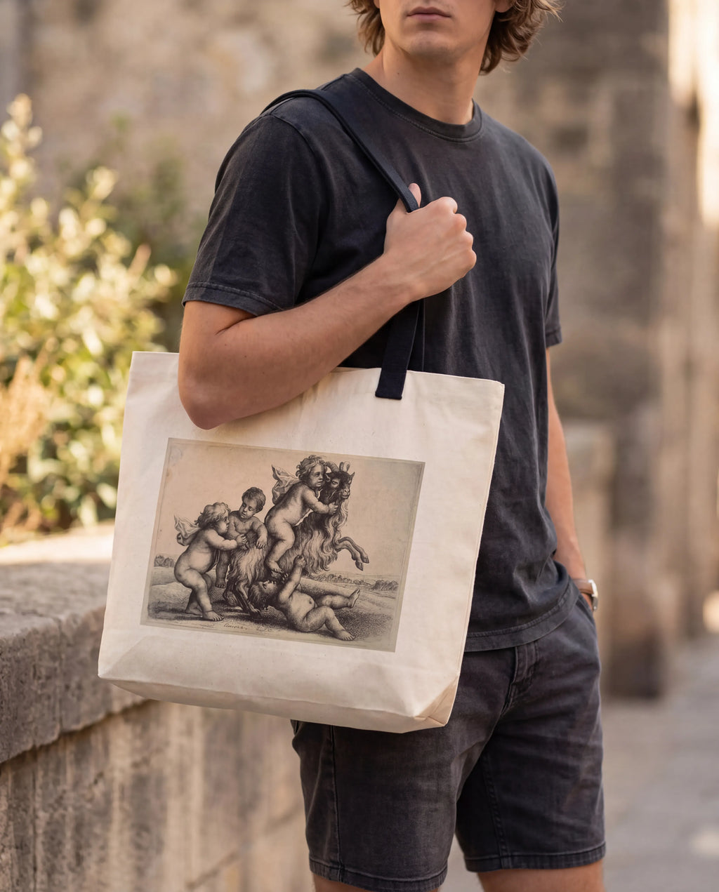Canvas Bag with Putti and Goat Print 35*45