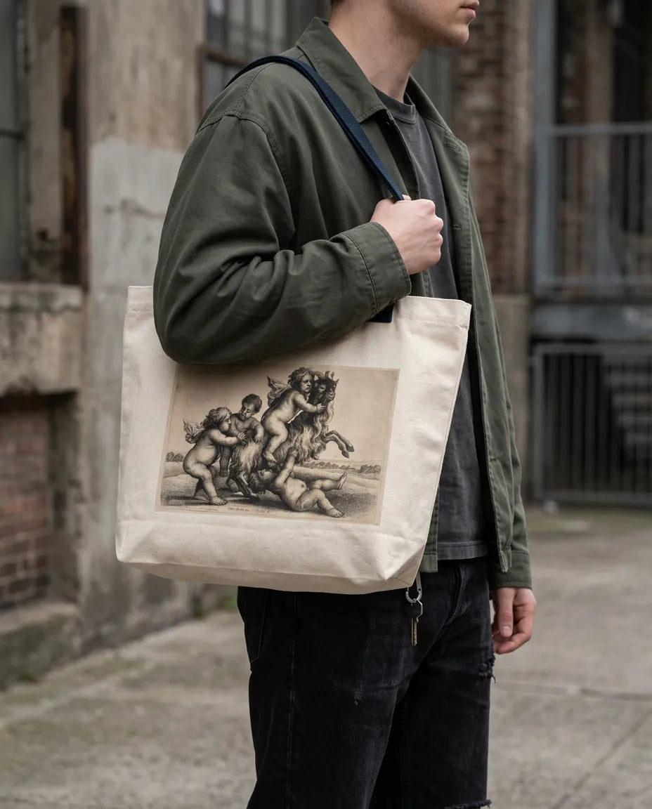 Canvas Bag with Putti and Goat Print 35*45