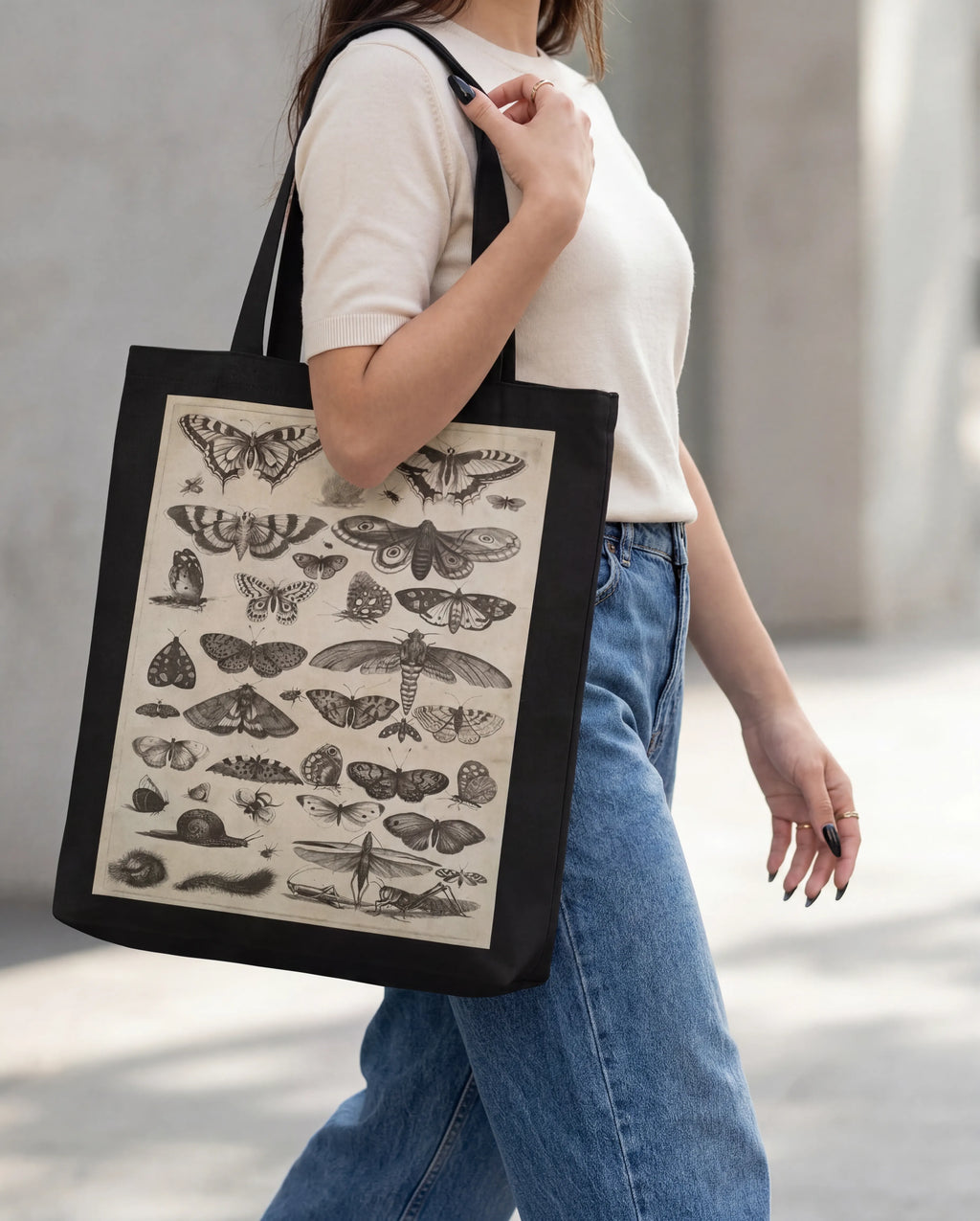 Black Canvas Tote Bag Entomology Illustration