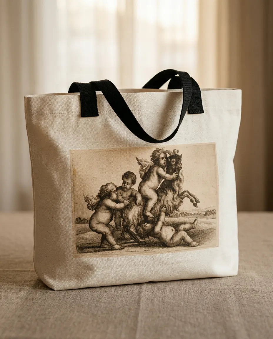 Canvas Bag with Putti and Goat Print 35*45